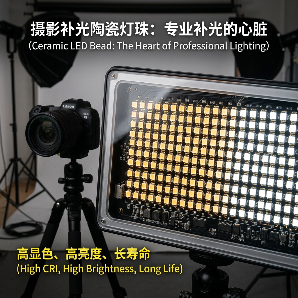 摄影补光陶瓷灯珠特写，展示3535陶瓷灯珠阵列，可调色温2700K-6500K，高显色、高亮度、长寿命，象征专业补光的核心技术。