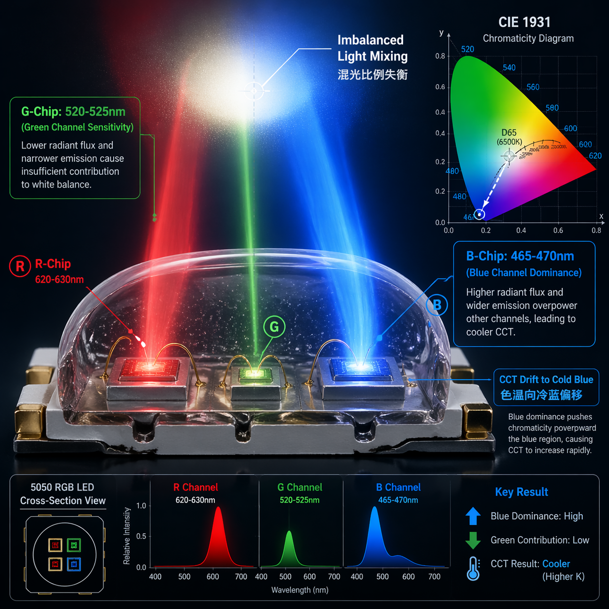 5050 RGB灯珠剖面示意图，展示G芯片与B芯片光束强度失衡导致混光偏蓝，背景为CIE色度图显示色温向冷蓝偏移。
