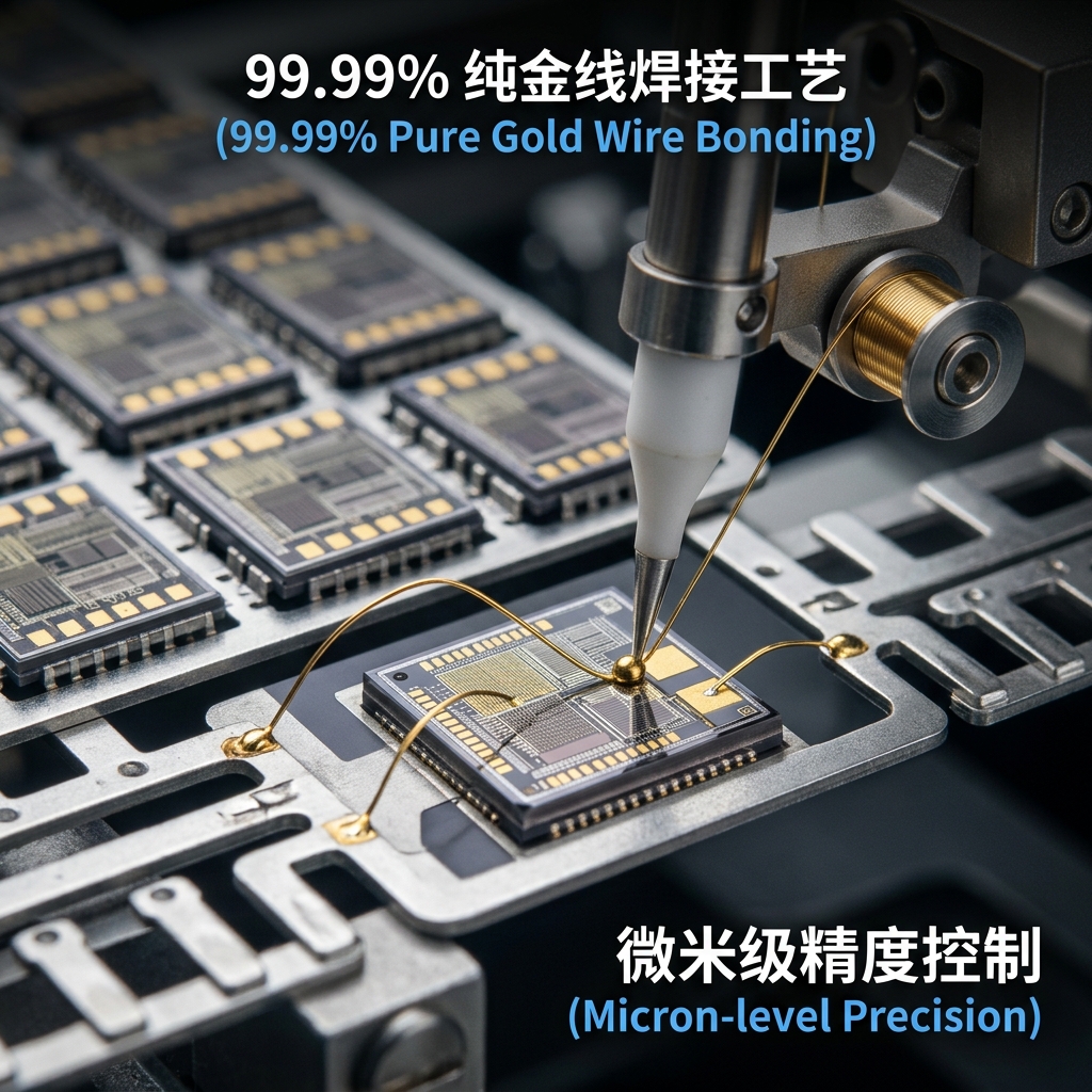 微米级金线焊接（Wire Bonding）工艺：99.99%纯金线搭建导电桥梁