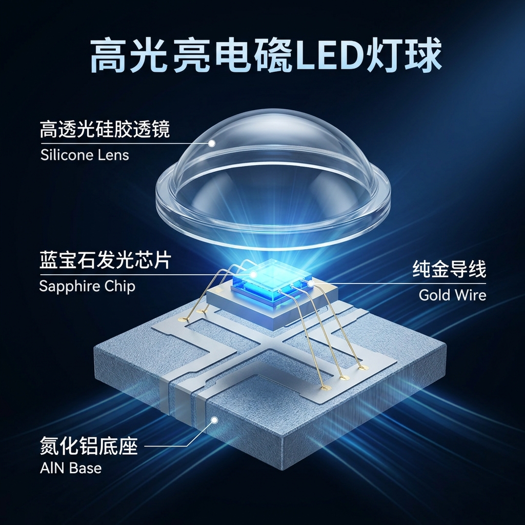 高亮度陶瓷灯珠内部核心构造3D拆解示意图，清晰展示高导热陶瓷底座、蓝宝石发光芯片、纯金导线和高透光硅胶透镜。