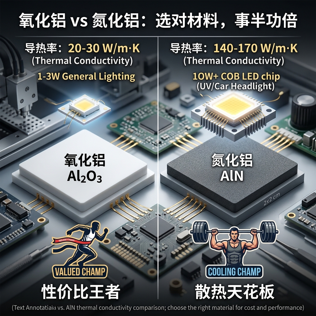 一张对比图，展示氧化铝（Al₂O₃）和氮化铝（AlN）两种陶瓷基板材料。氧化铝适合通用照明，氮化铝适合超大功率应用，突显各自的导热性能和适用场景。