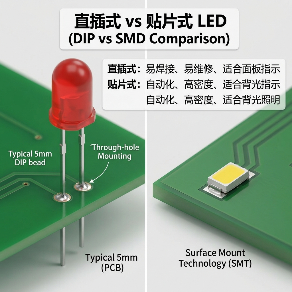 直插LED与贴片LED（SMD）对比图：展示直插灯珠的通孔焊接与贴片灯珠的表面贴装方式，以及各自的优势与典型应用。