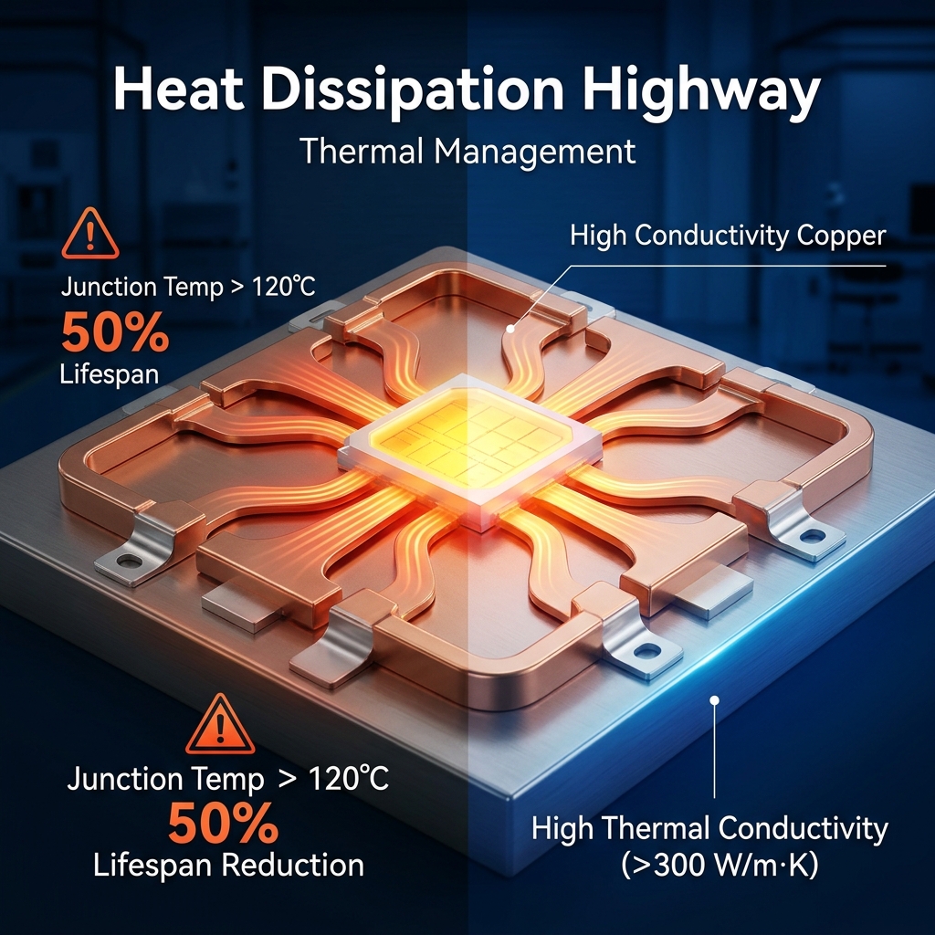 LED引线框架的3D宏观渲染图，展示其作为“导热高速公路”如何将LED芯片的热量迅速传导出去，避免因高温（结温>120°C）导致寿命缩减，并强调高导热率铜合金基材的关键作用。