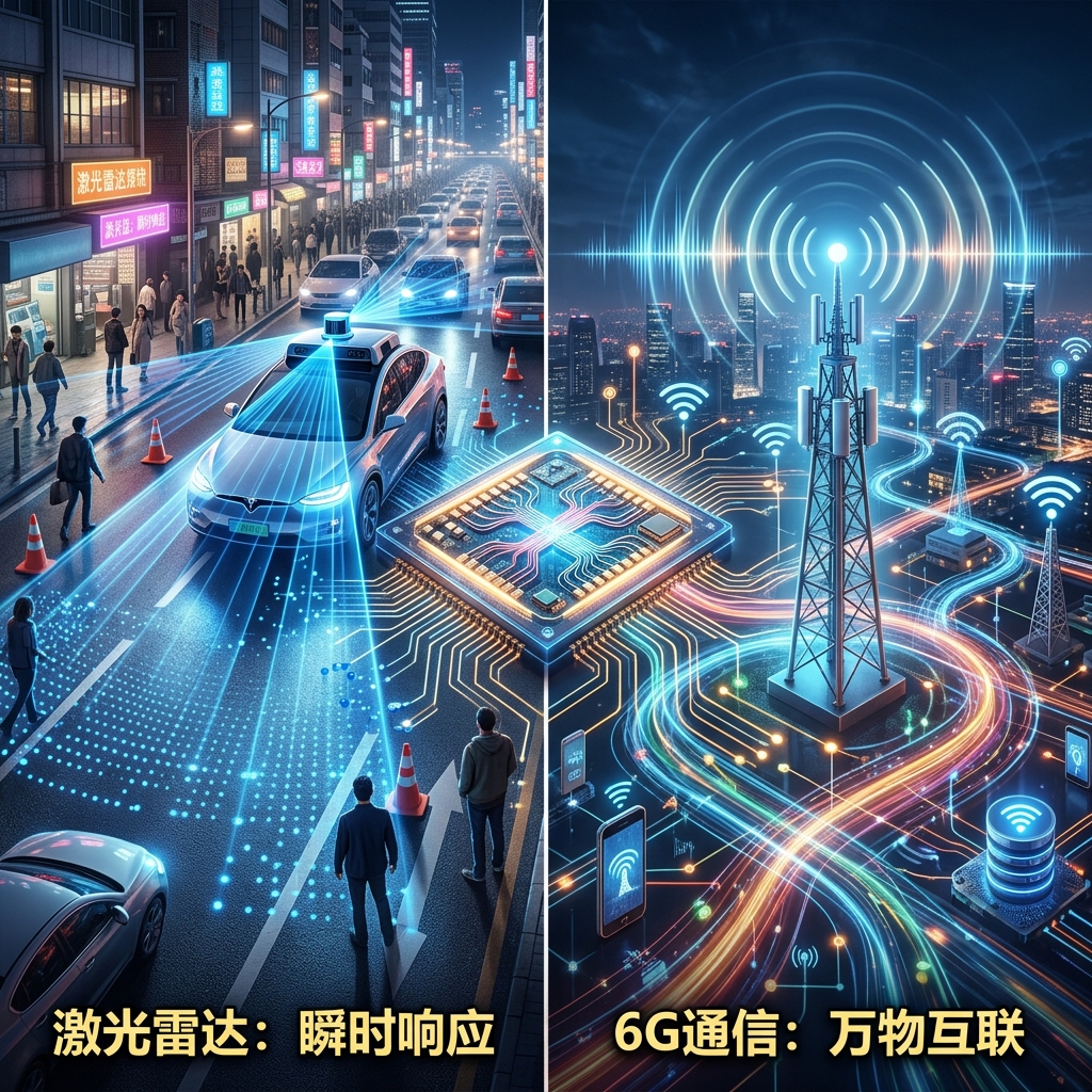 光子芯片在自动驾驶汽车激光雷达（LiDAR）瞬时响应和5G/6G通信基站实现万物互联中的实际应用场景示意图。