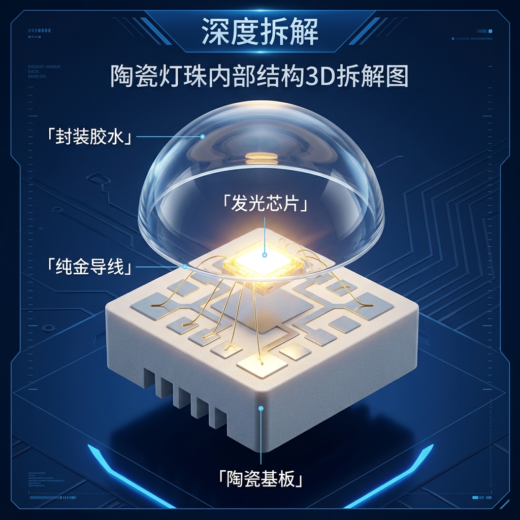 恒彩电子亮化工程陶瓷灯珠的3D拆解结构图，清晰展示其由发光芯片、陶瓷基板、纯金导线和封装胶水组成的内部核心部件。
