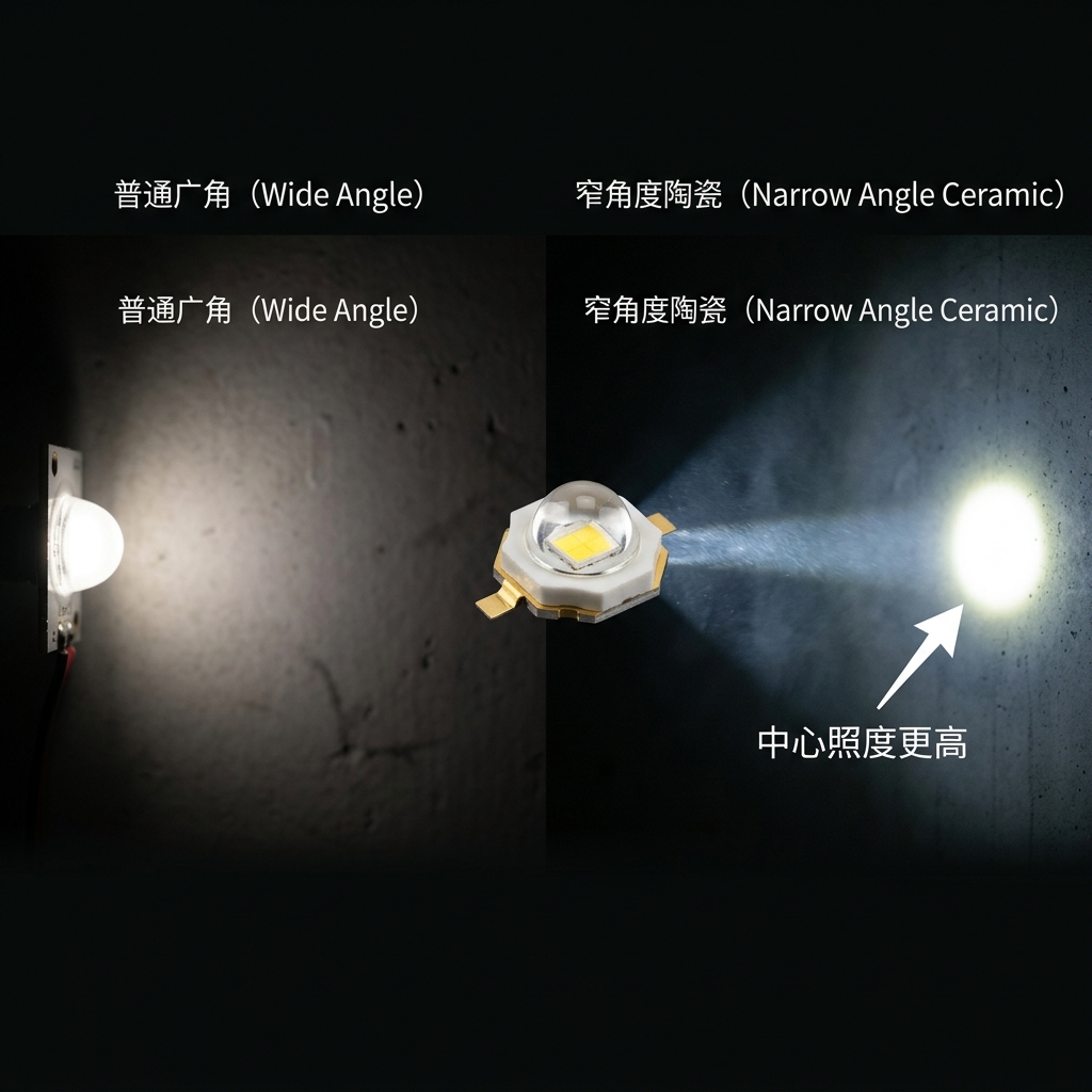 窄角度陶瓷灯珠与普通广角灯珠的光束角及中心照度对比，突出精准聚光效果。