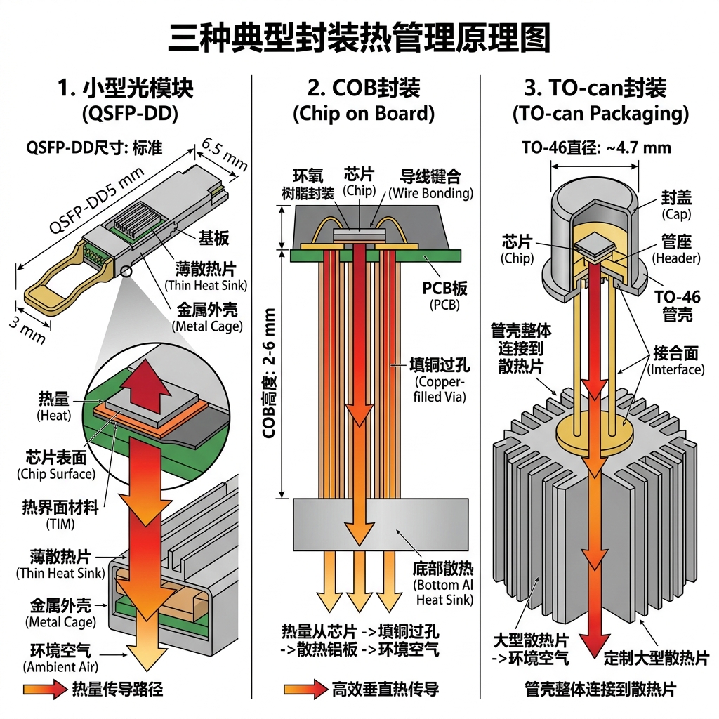 光子芯片三种典型封装类型（小型光模块、COB、TO-can）的散热原理对比图，清晰展示各自的热量传导路径、散热器设计特点及关键尺寸，如COB封装中PCB板上的填铜过孔，突显因地制宜的散热方案。