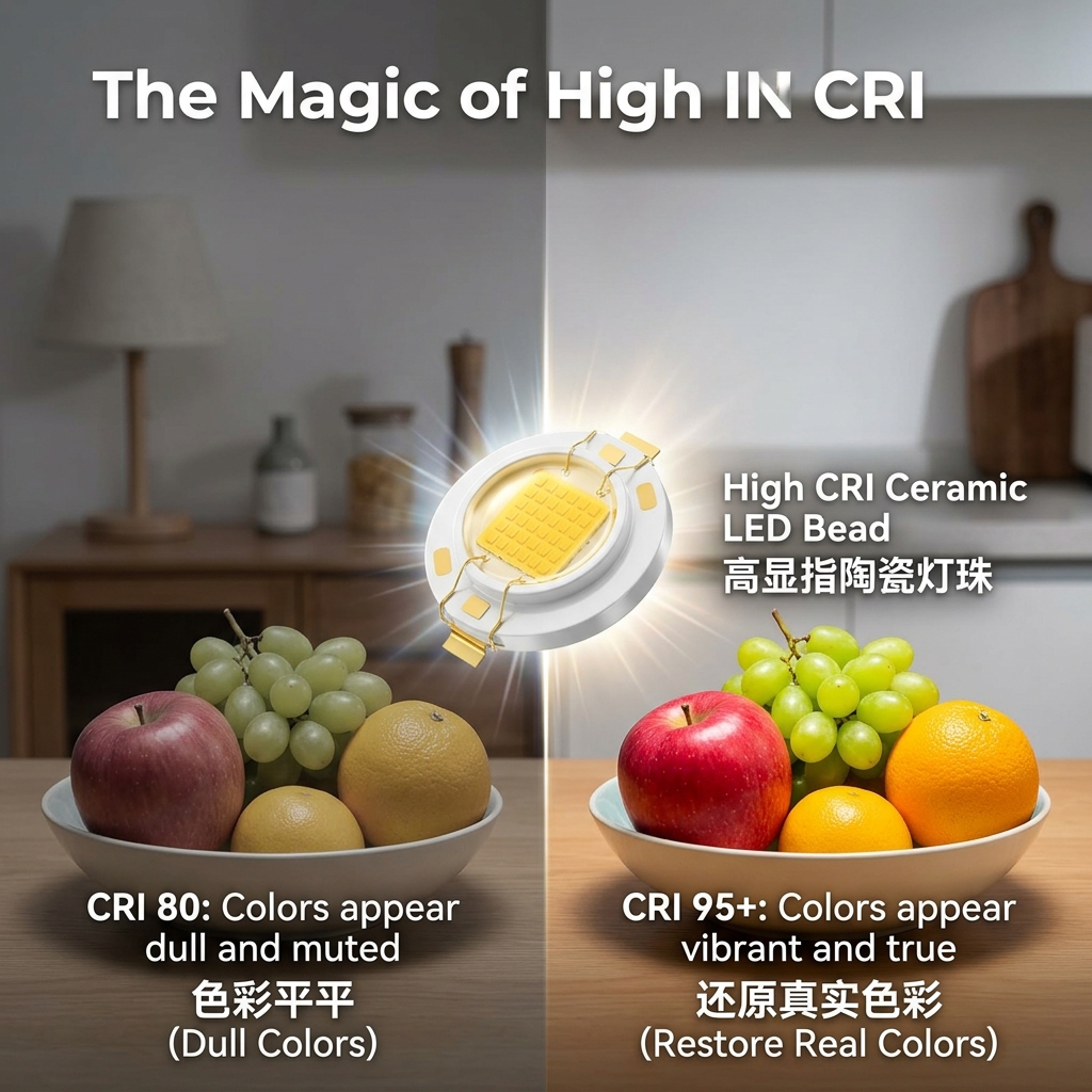 一张对比图展示高显指(CRI 95+)和普通显指(CRI 80)灯光下水果颜色的差异,高显指下水果色彩鲜艳真实,普通显指下色彩黯淡。画面中央悬浮着一颗高显指陶瓷灯珠模型。