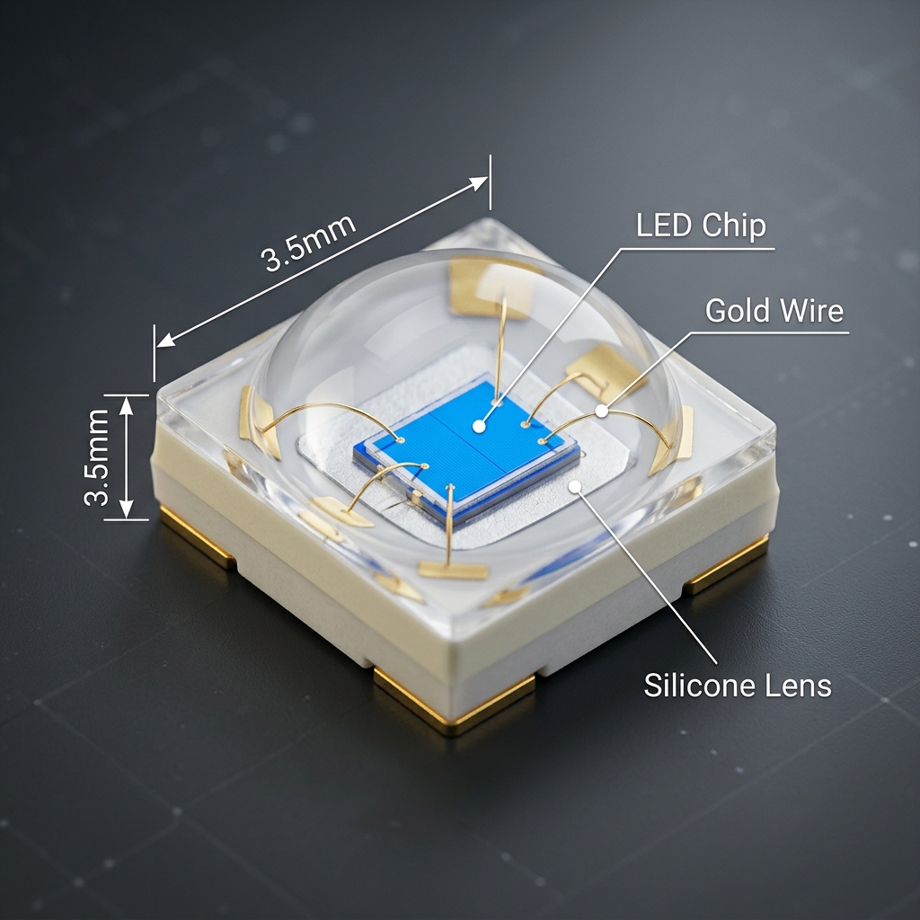 3535 LED灯珠的3D渲染图，清晰展示其3.5x3.5mm尺寸、内部LED芯片、金线和硅胶透镜，直观解释3535封装方式。