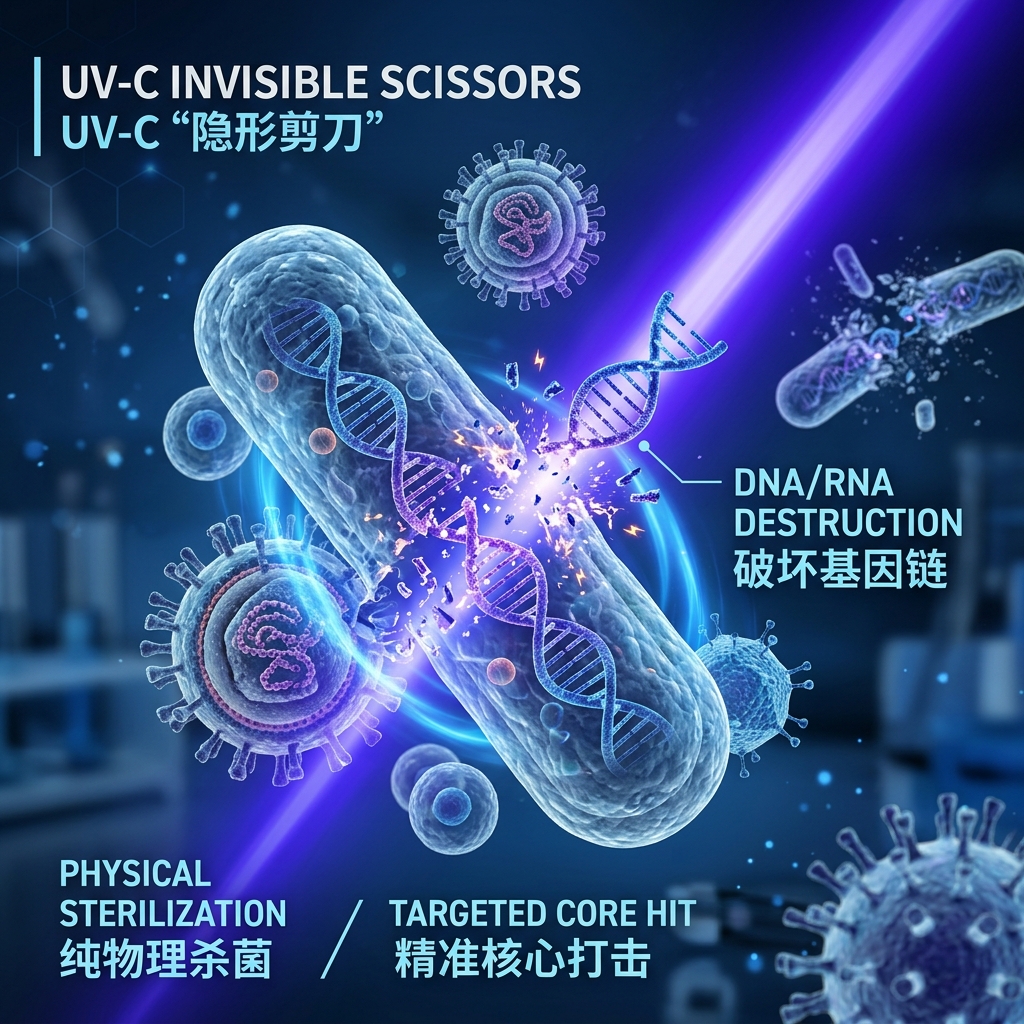 UV-C杀菌原理示意图，展示UV-C光束如何穿透细菌病毒外壳，像隐形剪刀般破坏其DNA/RNA基因链，实现纯物理灭菌效果。