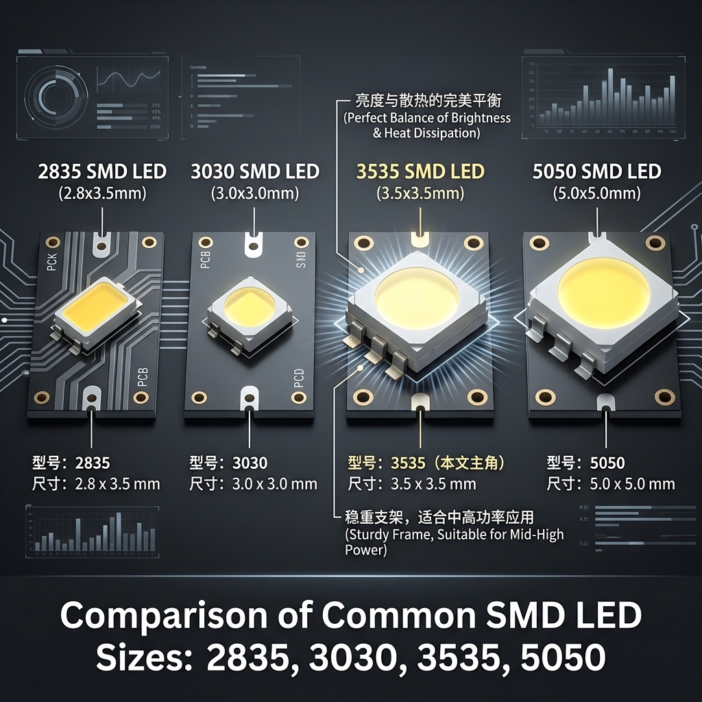 2835、3030、3535和5050等常见SMD LED灯珠的尺寸对比图，直观展示不同封装规格的物理差异与3535的平衡性。