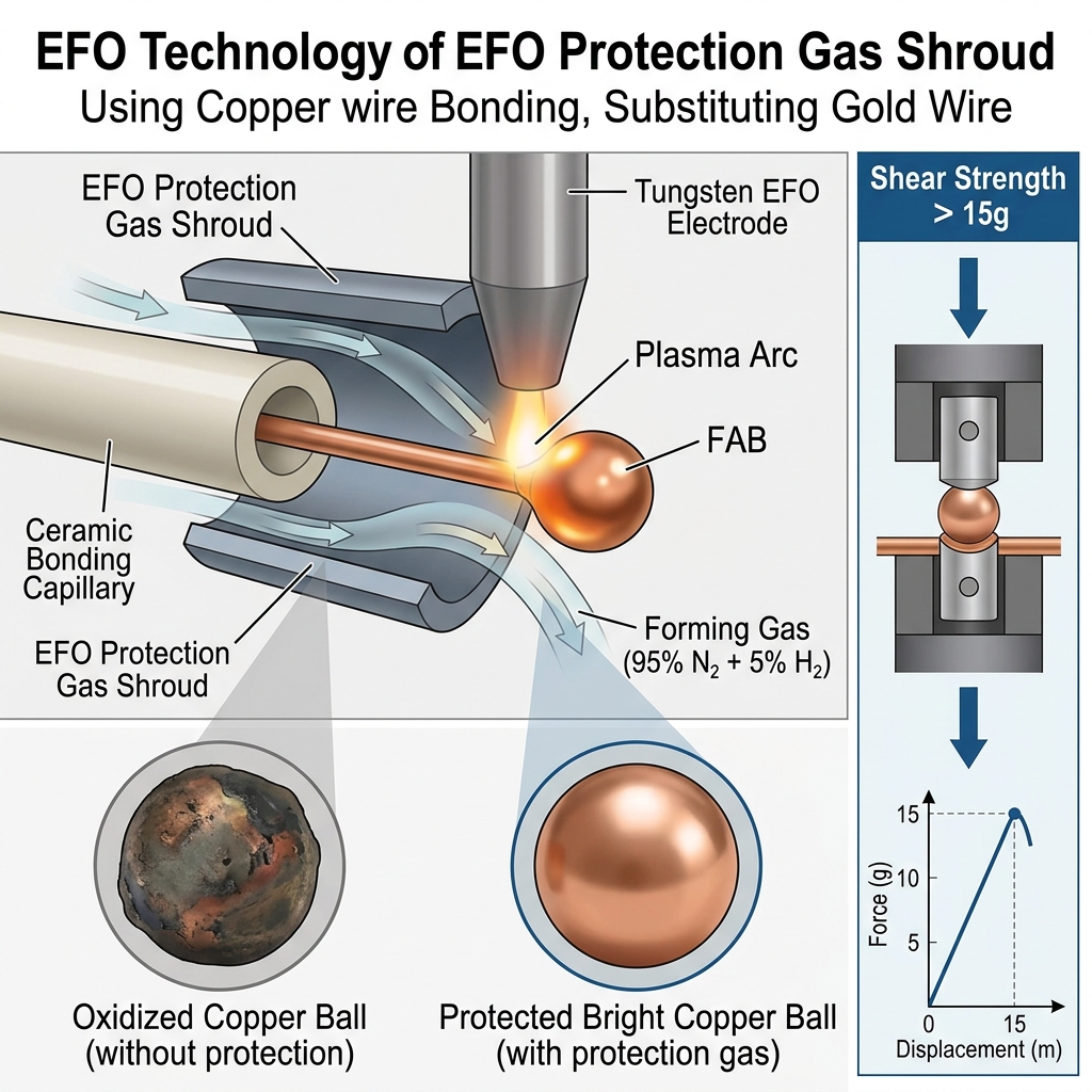 铜线键合EFO保护气罩工作示意图，展示Forming Gas（N2+H2）防止铜线氧化，确保剪切强度高于15克的工艺效果。