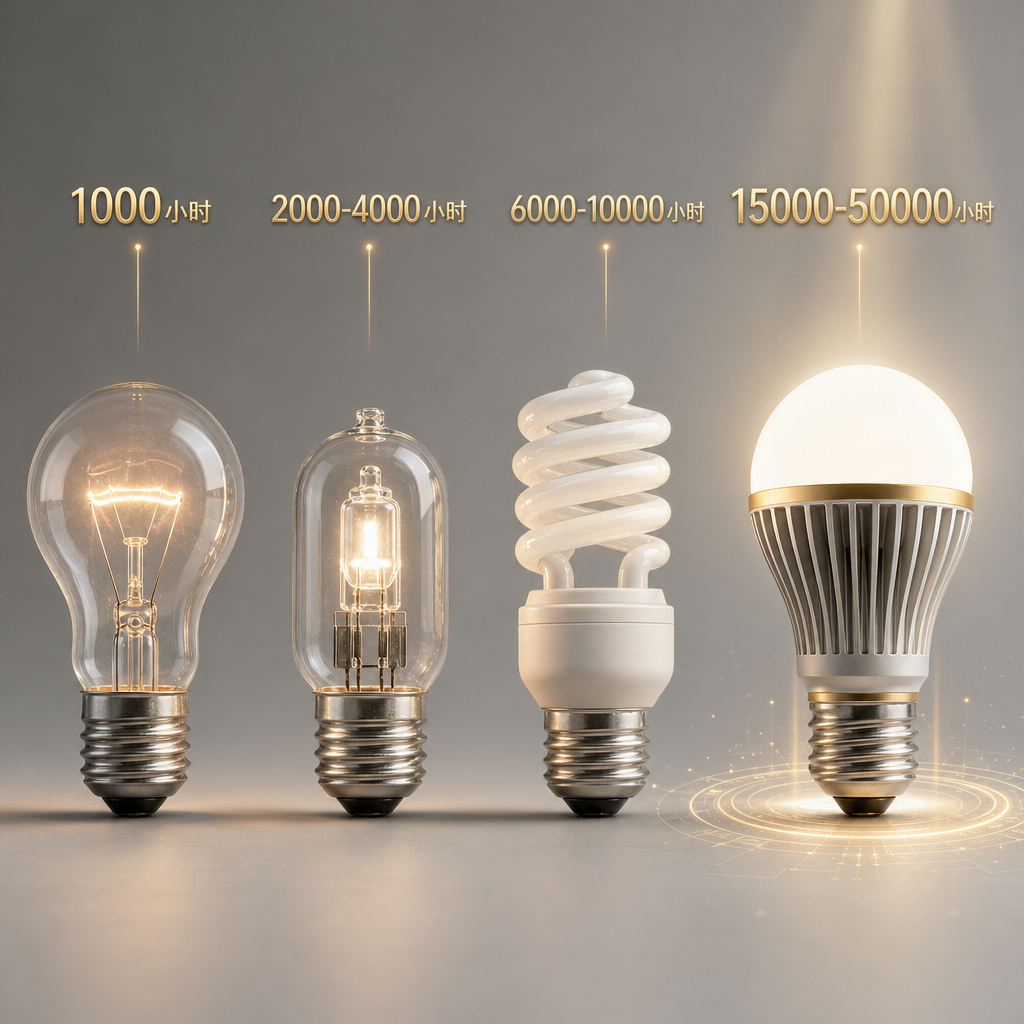 四种主要家用灯泡寿命对比图：白炽灯1000小时，卤素灯2000-4000小时，节能灯6000-10000小时，LED灯15000-50000小时