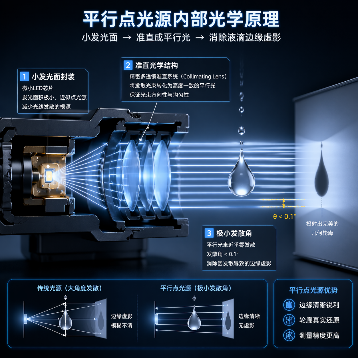 平行点光源内部光学结构剖面图，展示其通过小发光面和准直透镜形成近似平行光束的原理