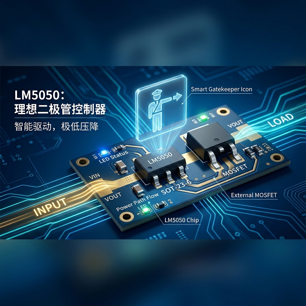 LM5050理想二极管控制器核心概念图，展示LM5050芯片控制外部MOSFET实现智能低压降电流管理，带有智能门禁图标象征精准控制。