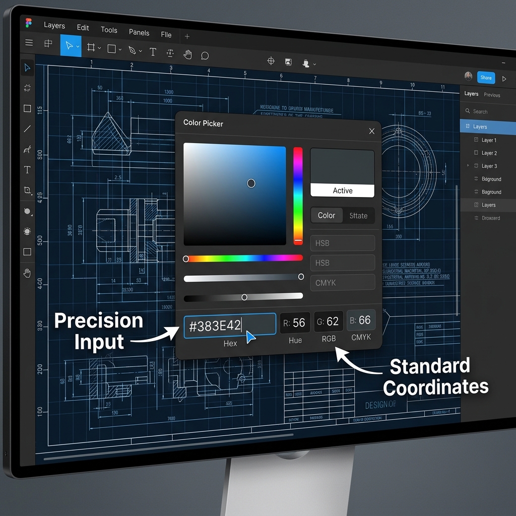 图形设计软件拾色器界面，演示通过输入RAL 7016的HEX代码#383E42自动获取RGB(56,62,66)值