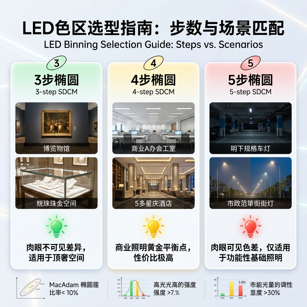 LED色区选型指南信息图表，横向对比3步、4步、5步椭圆的视觉感知和适用场景，帮助工程师合理选择LED光源。