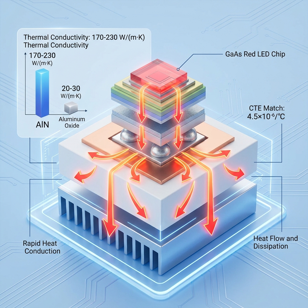 3D拆解图展示红光LED芯片在氮化铝基板上的散热过程，并对比AlN与氧化铝的热导率（170-230 W/m·K vs 20-30 W/m·K）及AlN与芯片匹配的热膨胀系数（4.5×10⁻⁶/℃）。