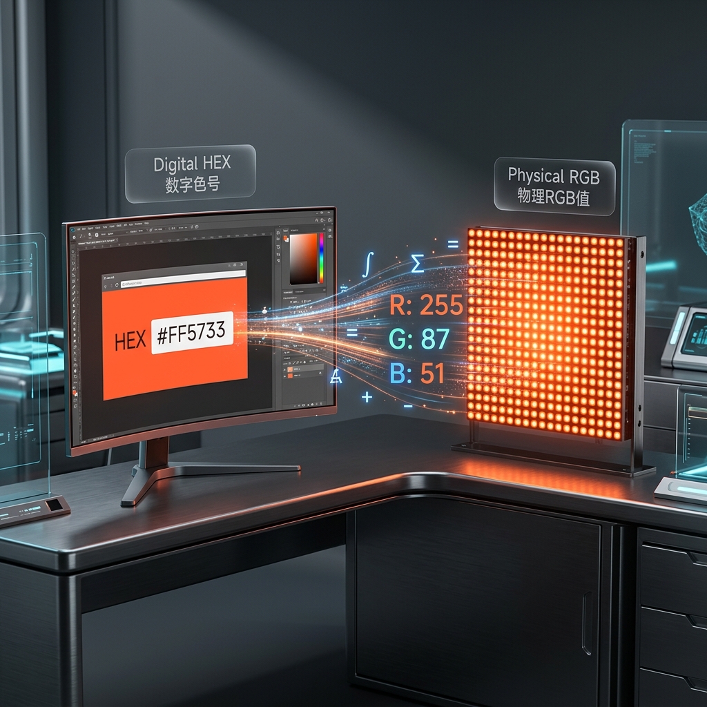 一张展示HEX色号到RGB值转换过程的视觉引导图，左侧为数字HEX输入，右侧为物理LED发光效果，中间光束连接并显示RGB参数，象征从虚拟到物理的精准转换。