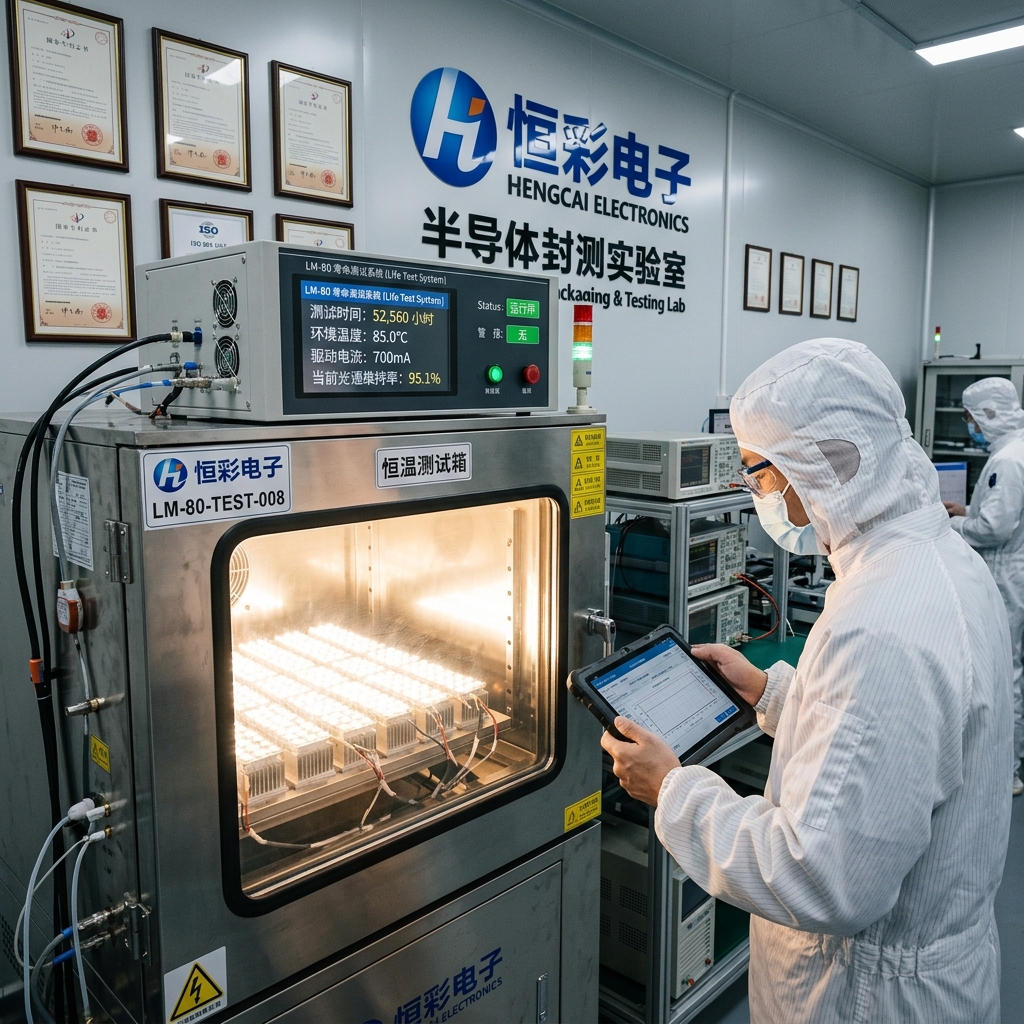 恒彩电子半导体封测实验室场景图：展示LM-80寿命测试中的陶瓷灯珠，显示测试时间与高光通维持率。