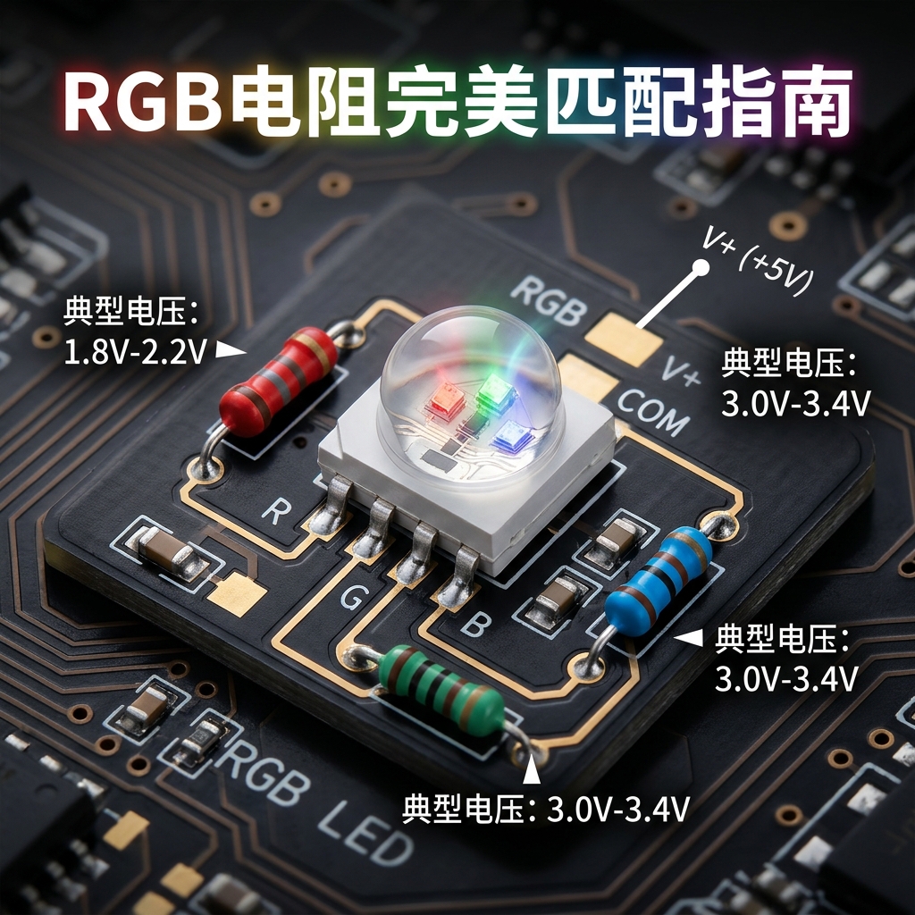 RGB三色灯珠及其限流电阻的连接示意图，标注了红、绿、蓝灯珠的典型工作电压范围，强调各色灯珠需单独配电阻。