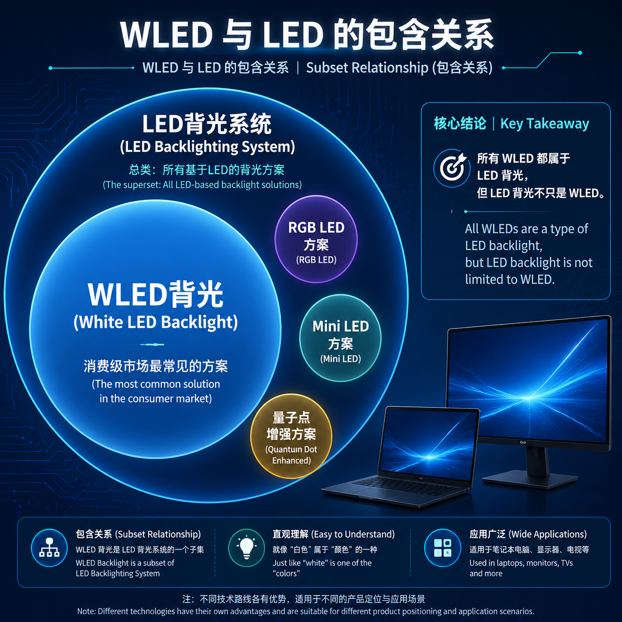WLED与LED背光的关系图，展示WLED是LED背光的一种常见子类，以及其他LED背光方案如RGB LED、Mini LED。