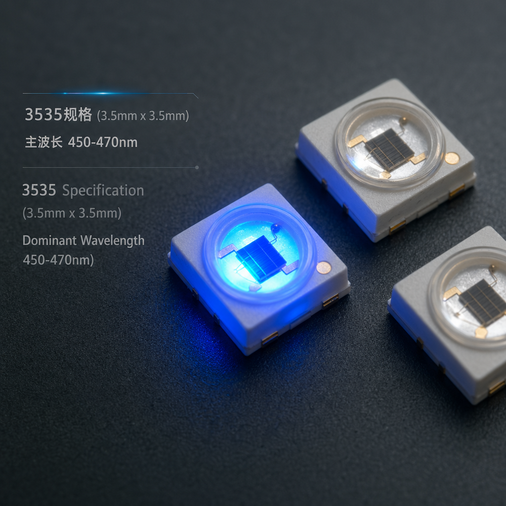一张3535规格蓝光陶瓷灯珠的特写，一颗正点亮发出纯净蓝光，背景为深色工业质感，标注450-470nm波长。