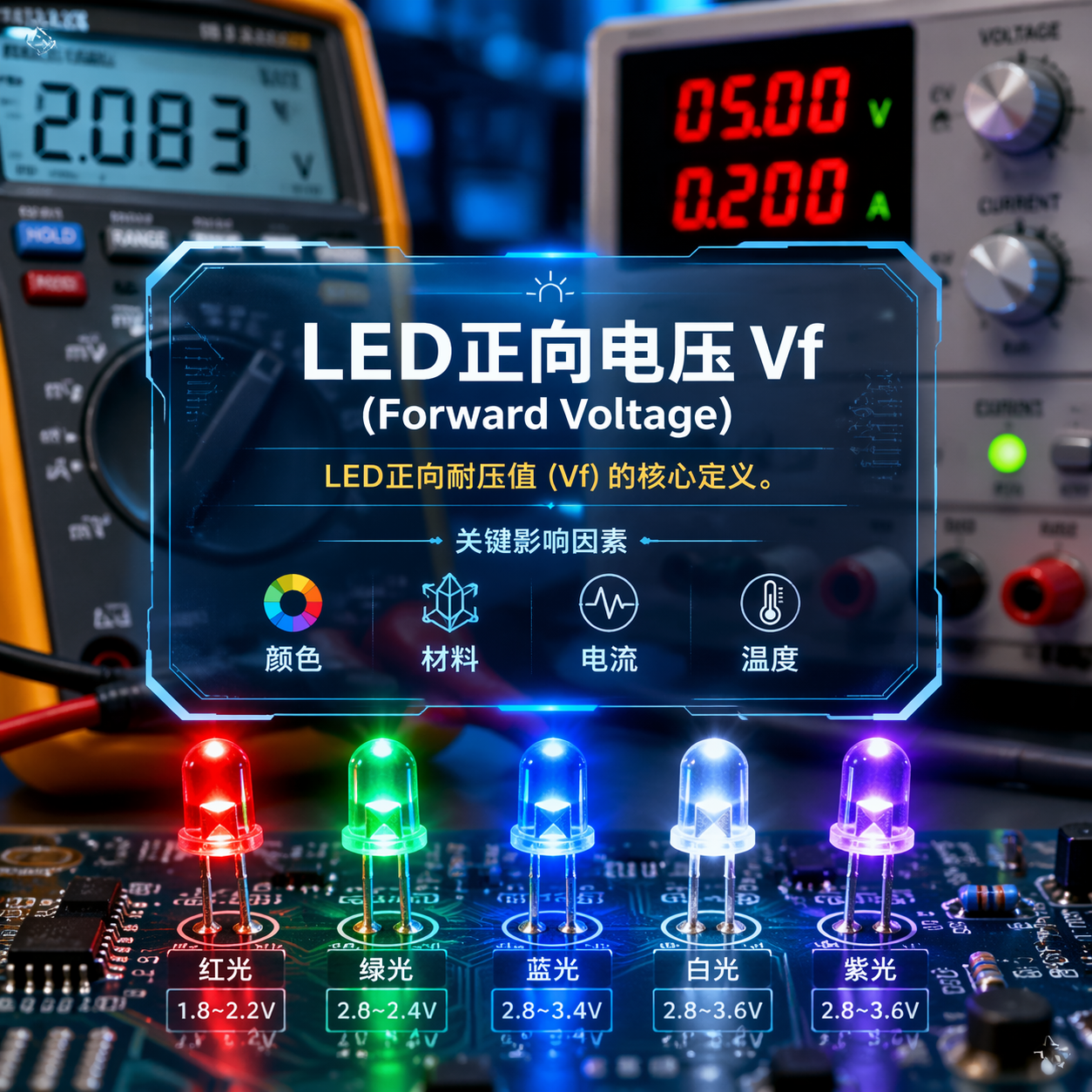 LED灯珠正向电压Vf的核心定义图，展示不同颜色LED及其受颜色、材料、电流、温度影响的关键因素