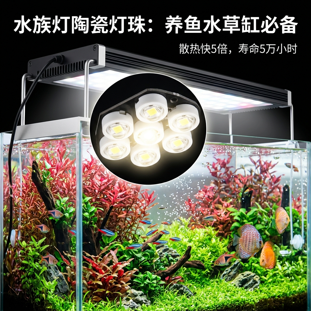 一个生机勃勃的水族箱,上方悬挂着一盏精密水族灯,特写陶瓷灯珠正在发光,水草和鱼儿在光照下色彩鲜艳,彰显超长寿命、散热极佳、超级省电的特性