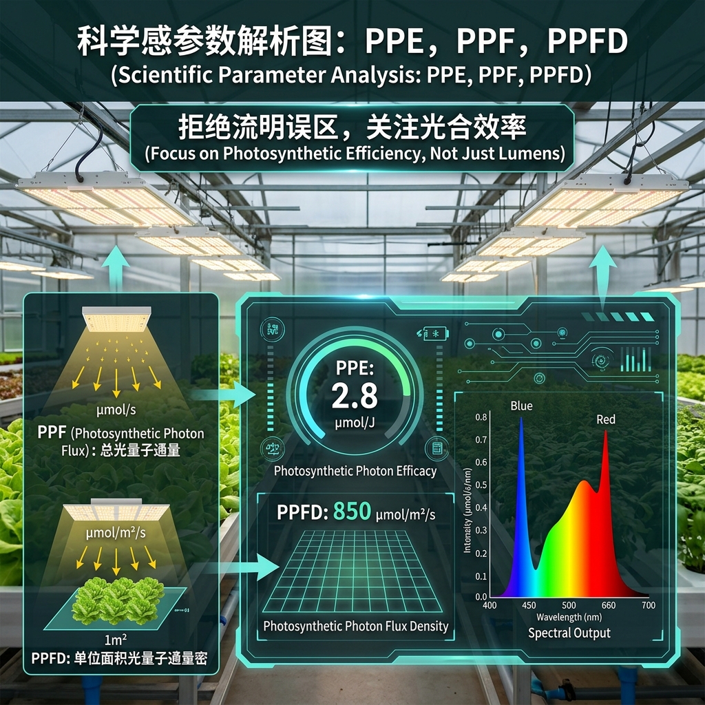 科学参数解析图，在一个温室背景前显示PPE和PPFD数据仪表盘，并有光谱柱状图突出红蓝光，强调‘关注光合效率，拒绝流明误区’。