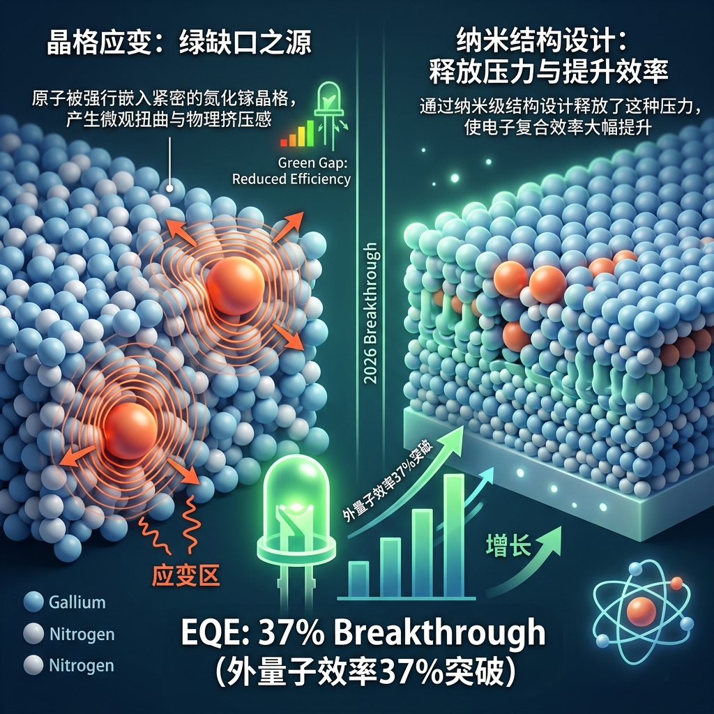 绿缺口（Green Gap）与晶格应变（Lattice Strain）示意图：对比传统材料内部应力与2026年纳米级结构技术突破后，外量子效率（EQE）提升至37%的示意图。