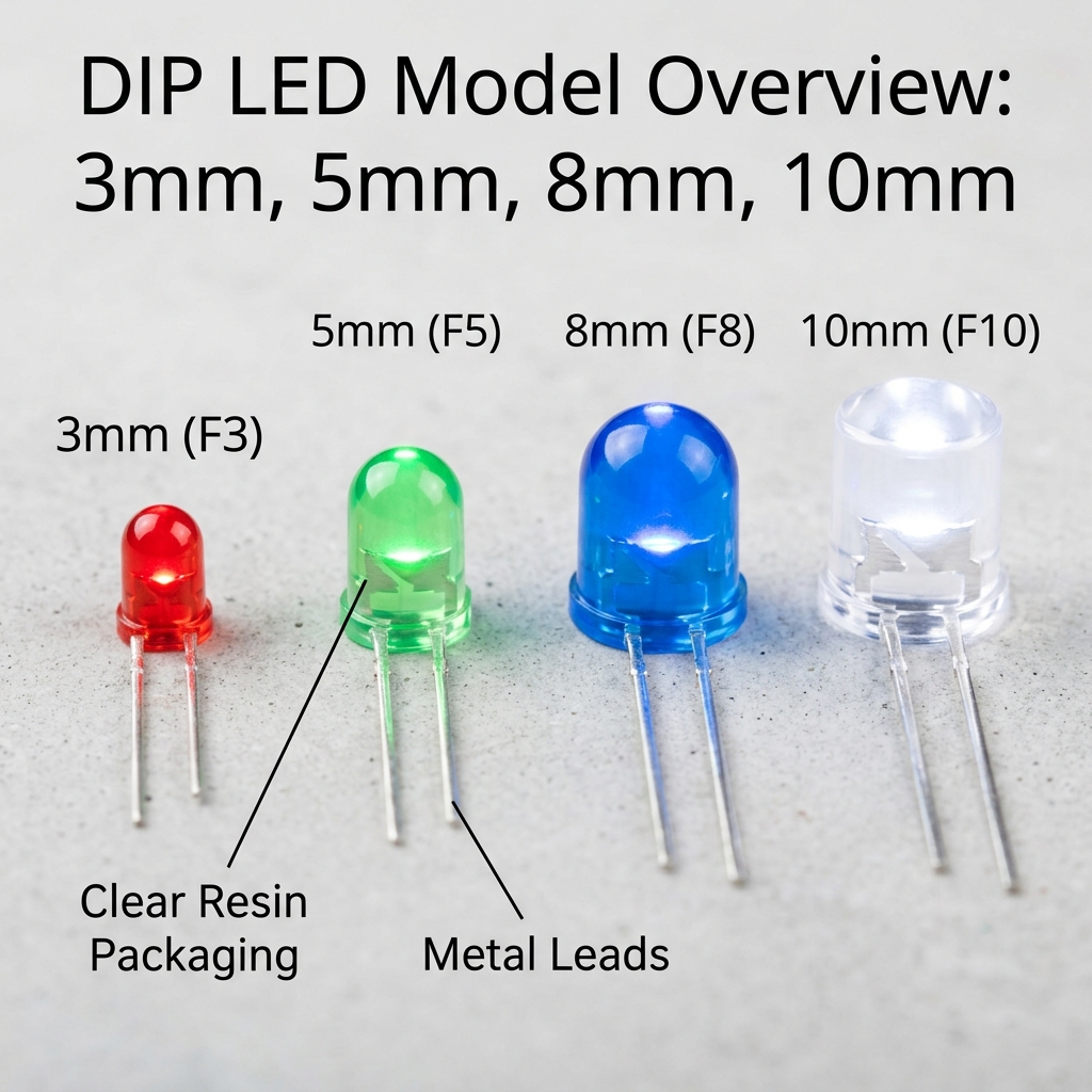 直插灯珠型号概览：3mm、5mm、8mm和10mm直插LED灯珠整齐排列，展示不同颜色与封装外形，清晰标注尺寸。