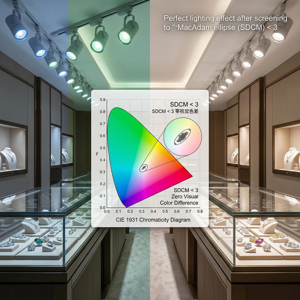 珠宝店照明对比图:劣质LED光源导致色差明显,专业白光LED通过SDCM < 3严格分光分色实现完美一致的零视觉色差。