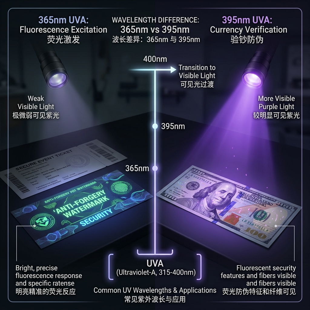 365nm紫灯直插灯珠激发精密荧光，可见光微弱；395nm紫灯直插灯珠用于验钞防伪，可见紫光明显，直观对比不同波长的应用效果。