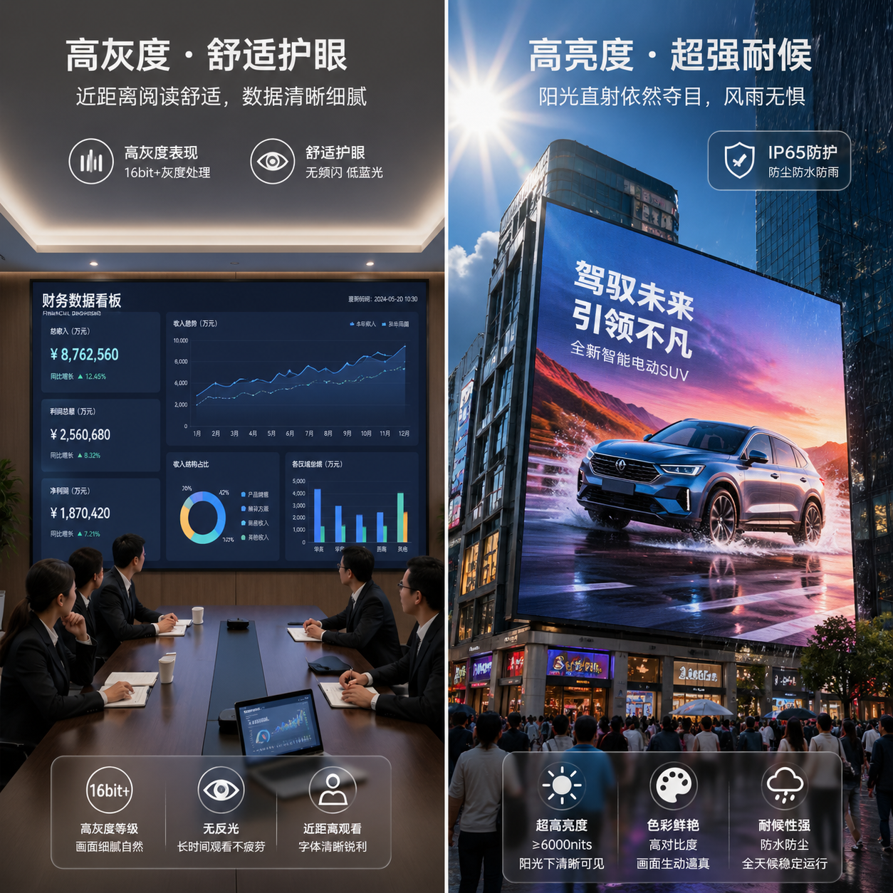 一张双场景对比图，左侧为会议室RGB LED屏展示数据，强调高灰度和舒适度；右侧为户外广告牌，突出高亮和IP65防护等级，体现不同场景下的应用差异。