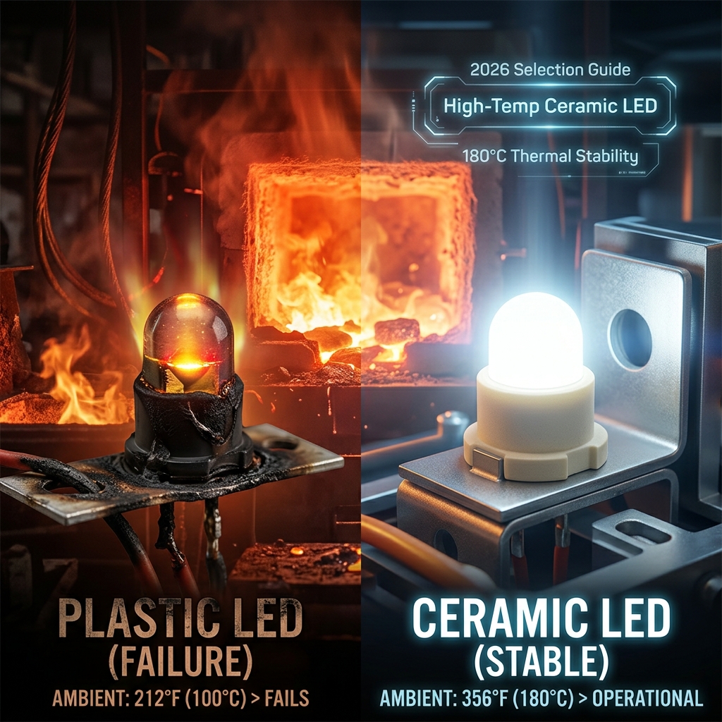 2026年耐高温陶瓷灯珠选购指南封面图:对比展示普通塑料LED在100℃高温下失效与陶瓷LED在180℃高温下稳定发光。