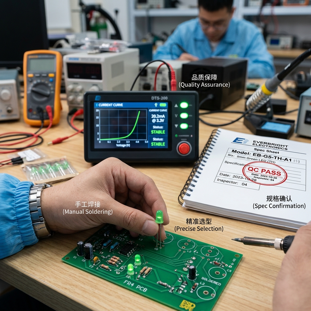 工程师将5mm绿色直插LED精准插入PCB板，背景显示LED测试仪和恒彩电子QC认证规格书，展现了精准选型、手工焊接和品质保障在实际应用中的重要性。