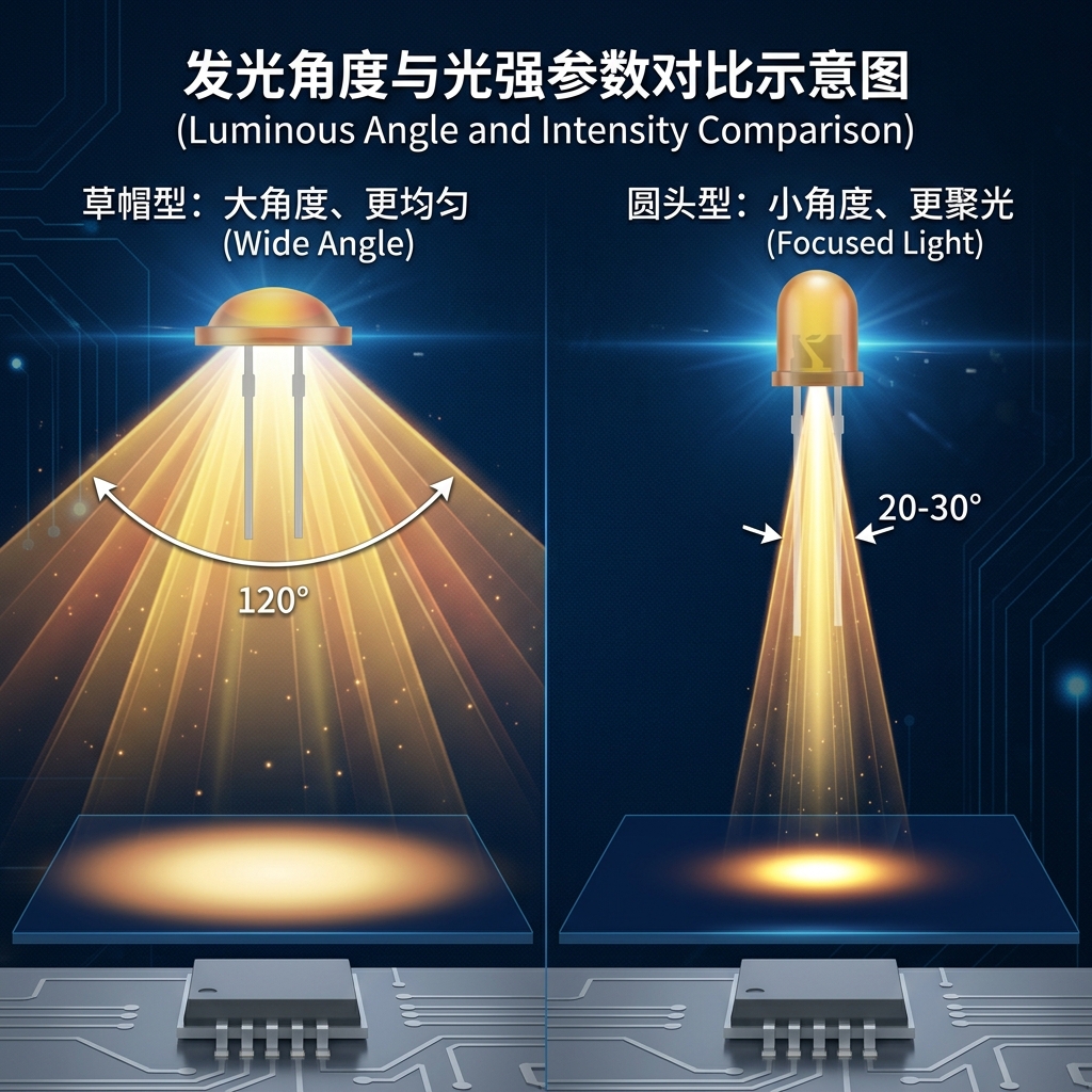 草帽型与圆头型直插灯珠发光角度对比图：草帽型光线均匀，圆头型光线集中
