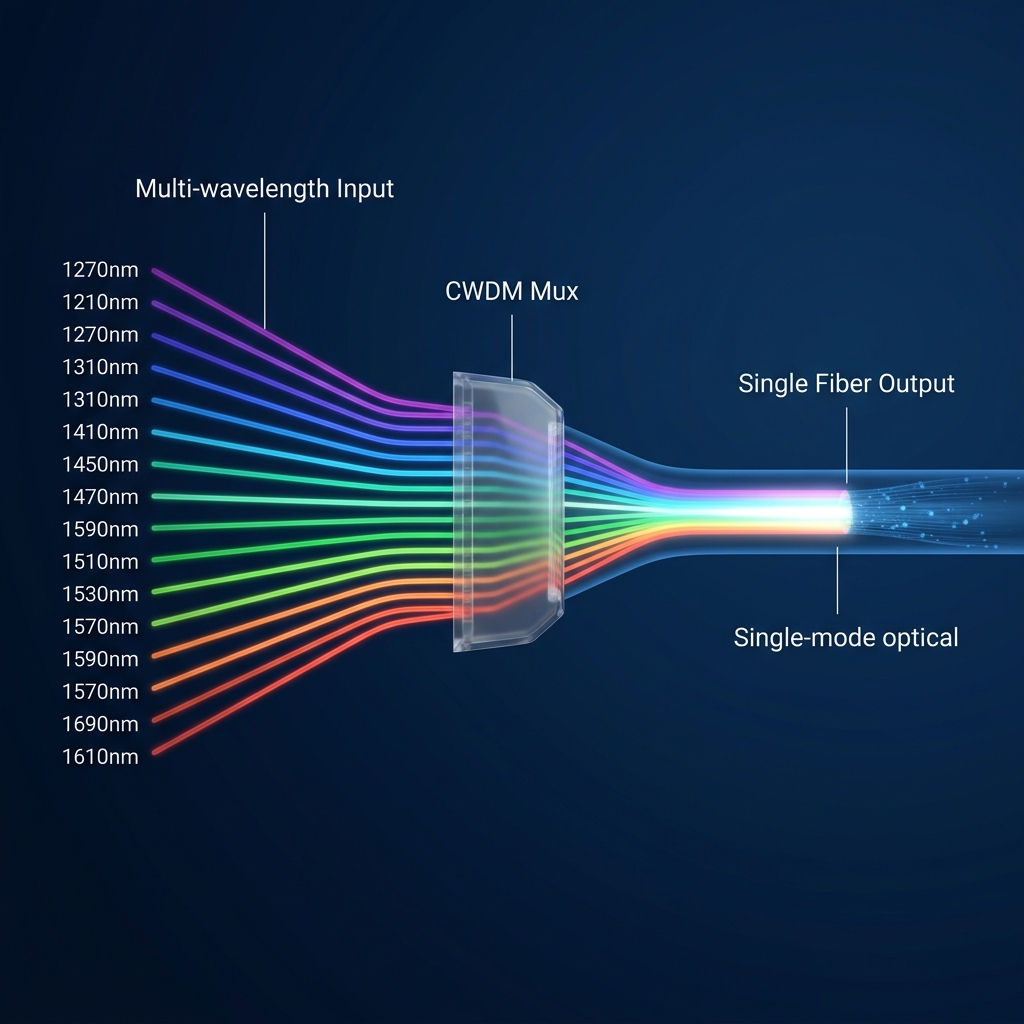 CWDM彩光传输的核心工作原理示意图，展示多波长光束如何汇聚至单根光纤传输，实现网络扩容