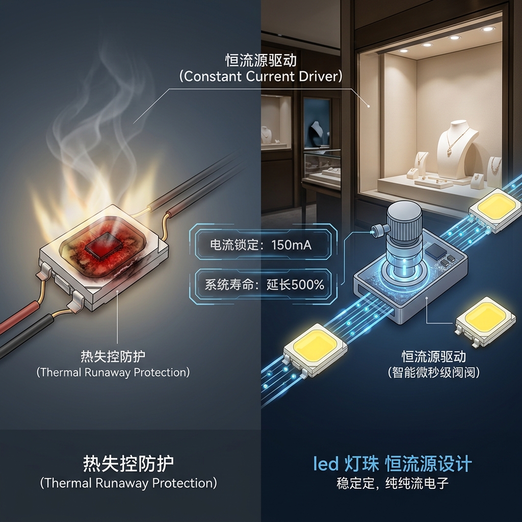 一张展示LED灯珠热失控与恒流源驱动效果对比的科技插图，左侧显示烧毁的LED，右侧显示恒流源稳定驱动下的明亮光源，突出热失控防护与寿命延长。