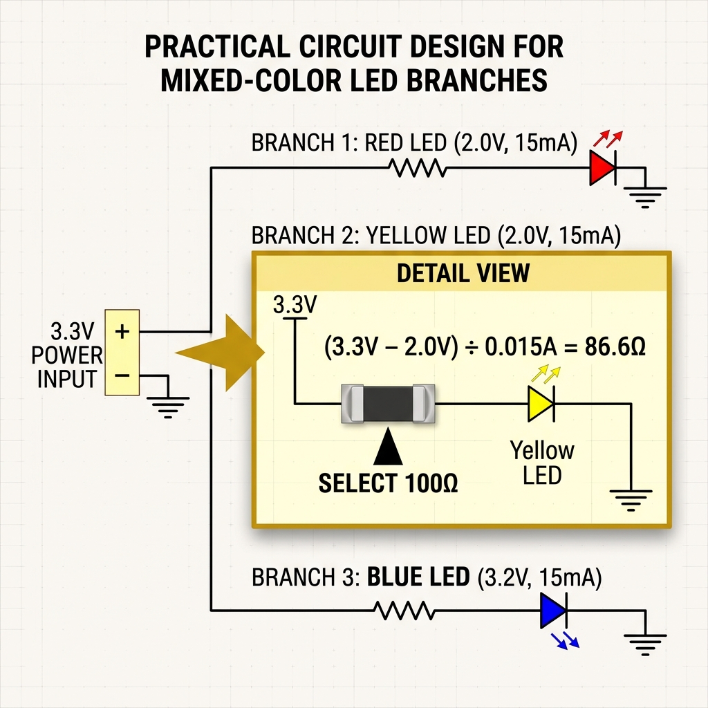 多色LED混接电路示意图，展示黄光LED支路中限流电阻的计算与正确连接方式。