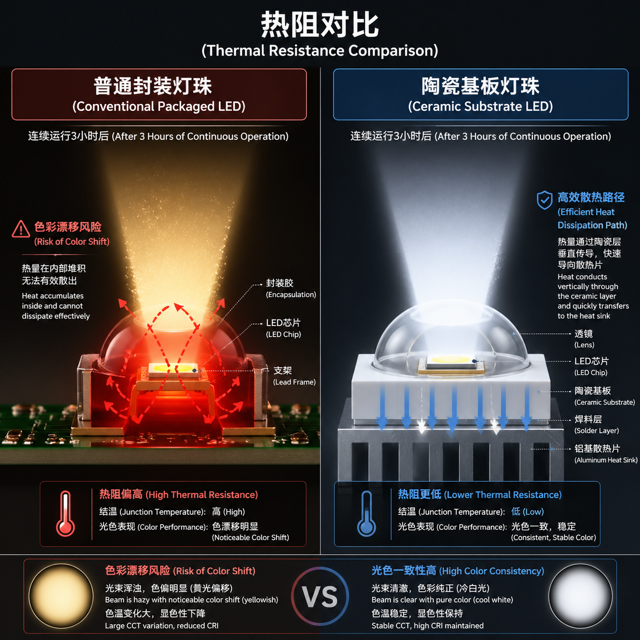 陶瓷灯珠与普通灯珠散热能力及光色一致性对比。图示普通灯珠热量堆积导致色偏，而陶瓷灯珠则展现出高效散热路径和纯正色彩。