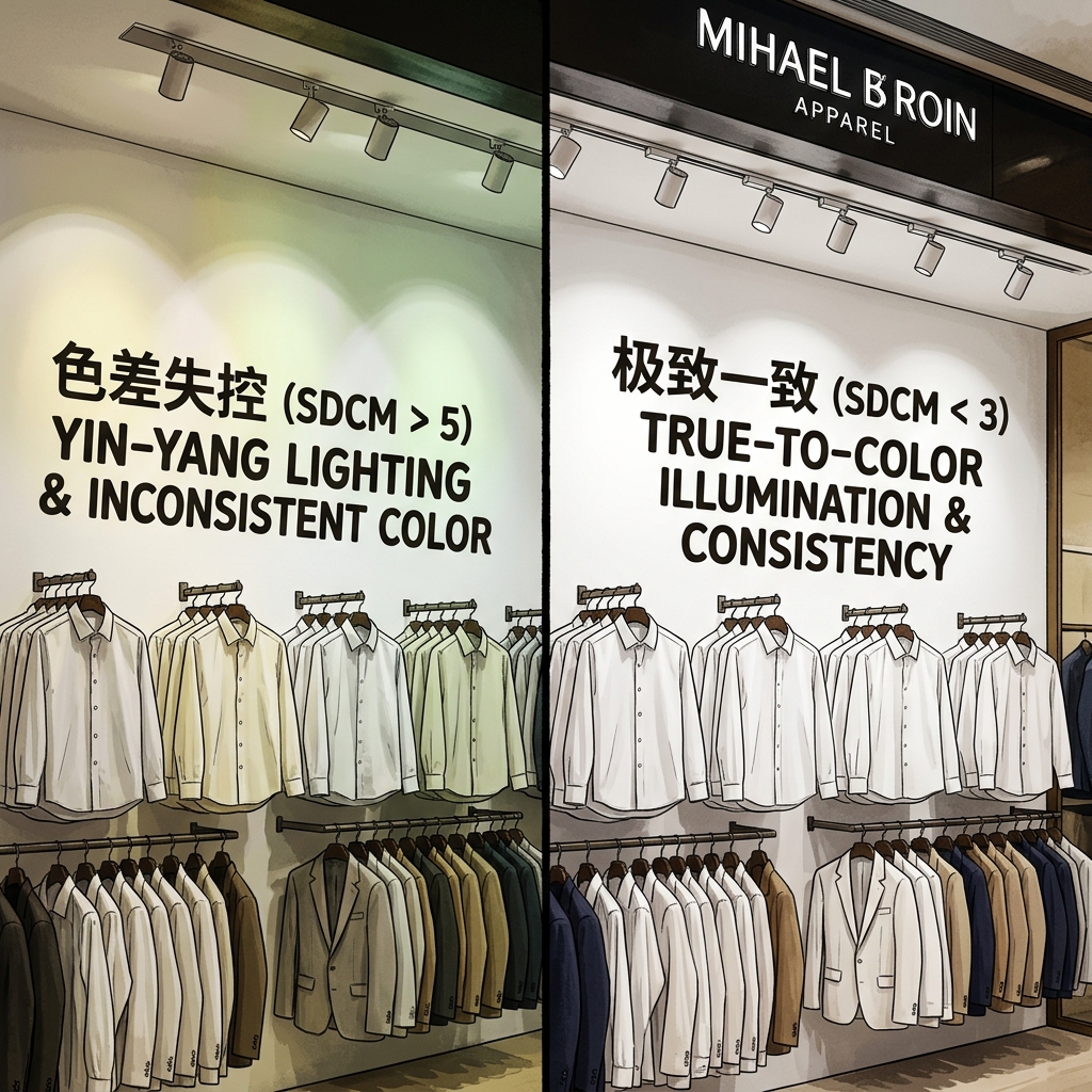 对比图展示了LED色差失控（SDCM > 5）的服装店照明效果，墙面光斑颜色不均；右侧为3步椭圆（SDCM < 3）下光色高度一致的高端照明。