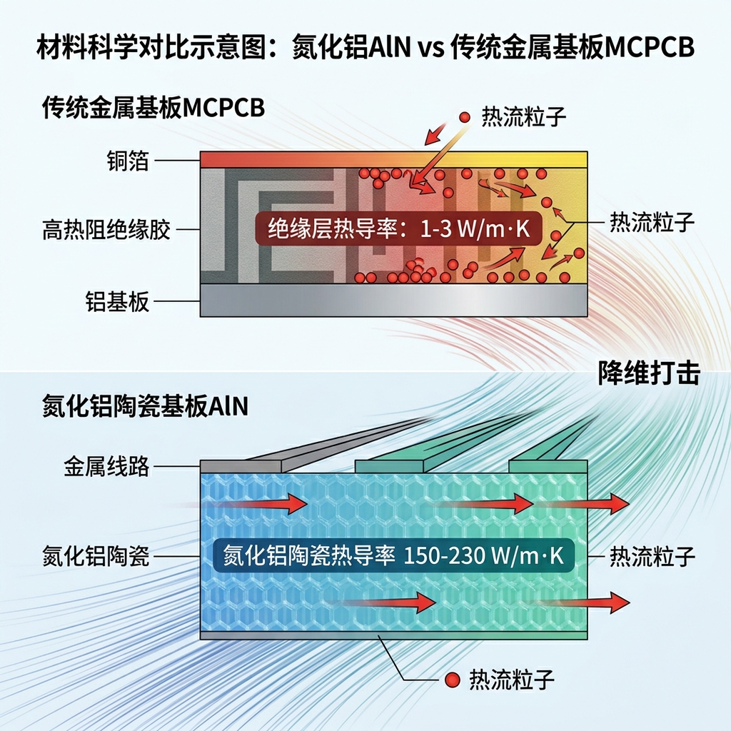 科学示意图：传统MCPCB因绝缘胶层导热慢（1-3 W/m·K），而氮化铝陶瓷基板导热快（150-230 W/m·K）的结构对比