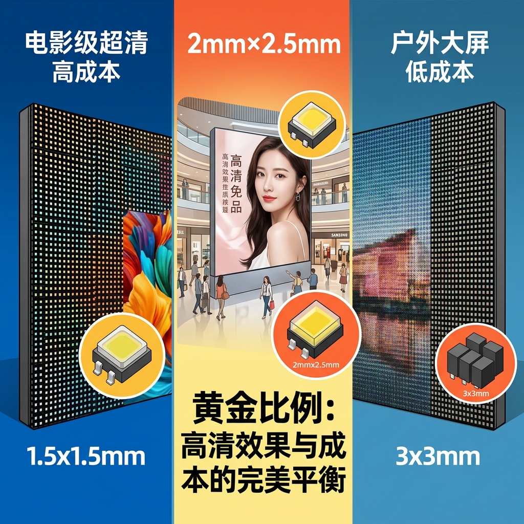 不同尺寸LED灯珠屏幕效果对比图，强调2mm*2.5mm是高清显示屏的“黄金比例”