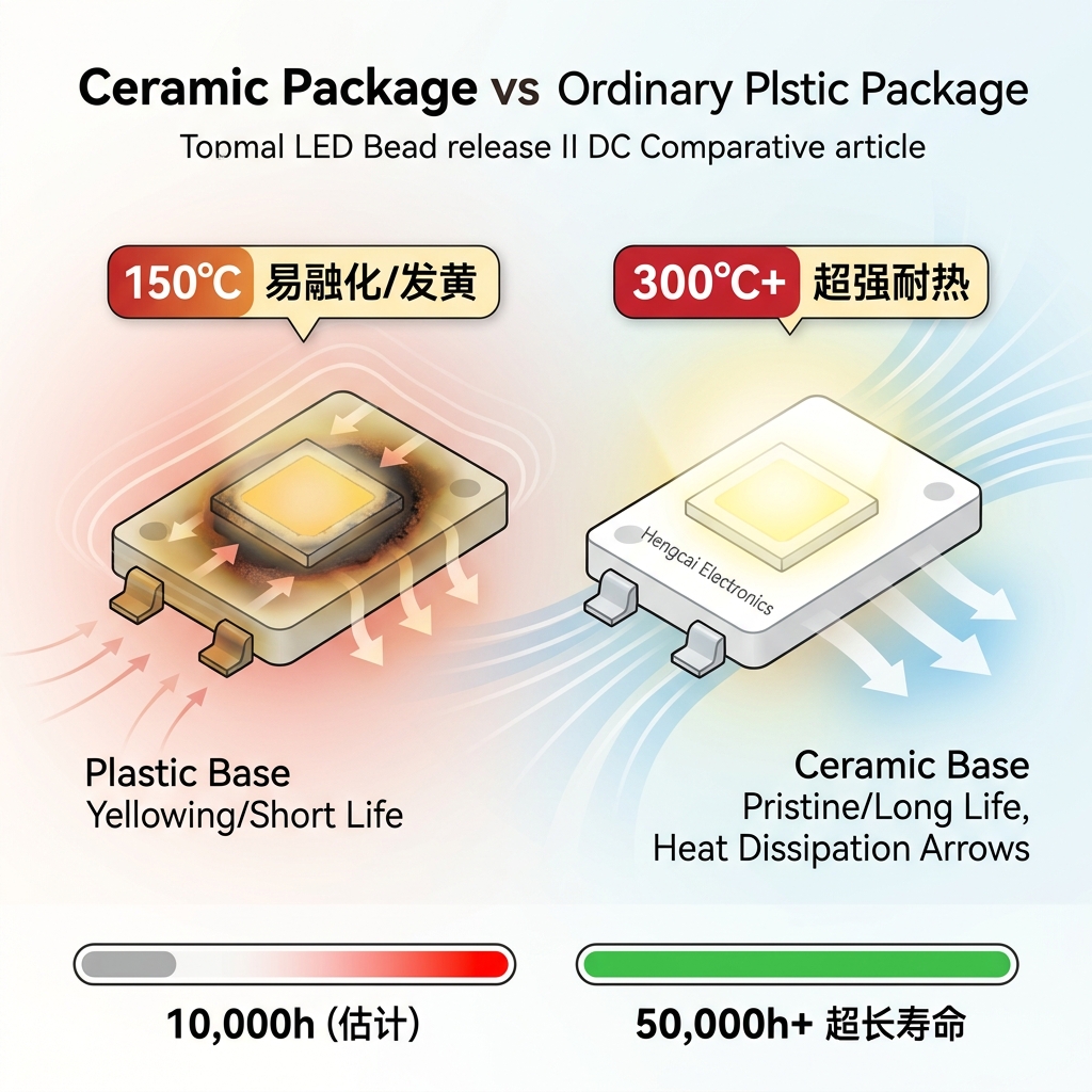 一张信息图对比陶瓷灯珠和塑料灯珠的性能。左侧塑料灯珠因高温变黄发焦,寿命短;右侧恒彩电子陶瓷灯珠在高温下仍洁白如新,散热快,寿命超50,000小时,光线稳定。