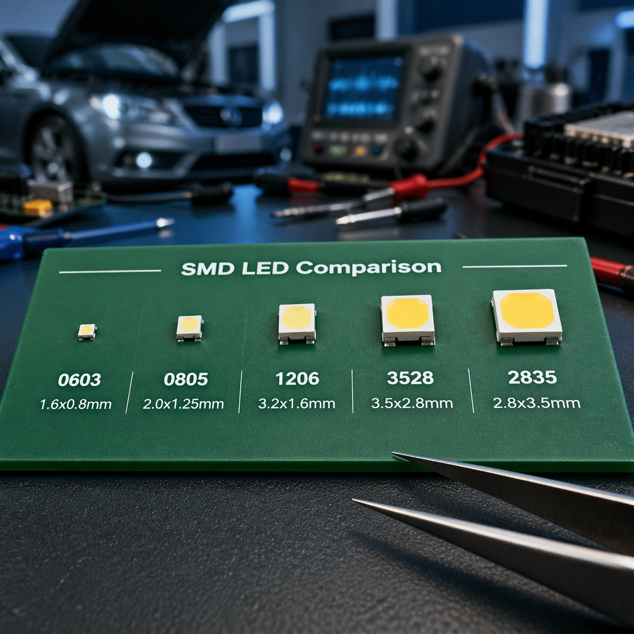 汽车仪表盘常见LED灯珠型号0603、0805、1206、3528、2835对比图，展示其尺寸与封装
