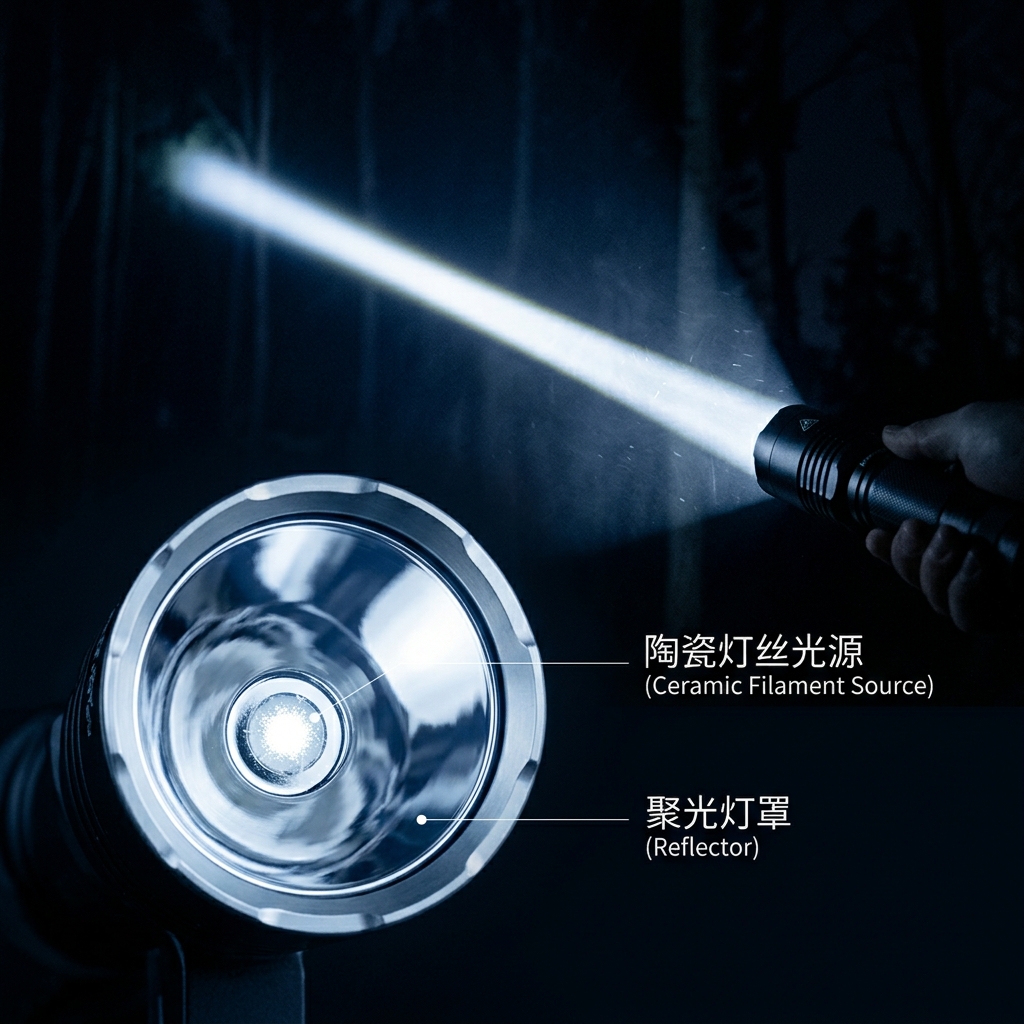 专业强光手电筒在黑暗中射出笔直光柱，微距展示深口径镜面反光杯与位于几何焦点的陶瓷LED光源。