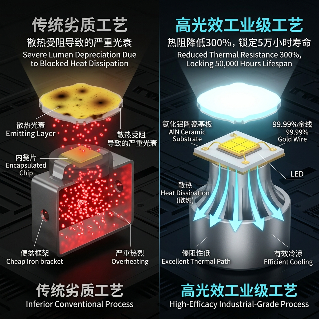 LED热管理对比图：劣质工艺导致热量淤积产生严重光衰，而高光效工业级工艺通过氮化铝陶瓷基板和99.99%金线实现高效散热，确保5万小时寿命。