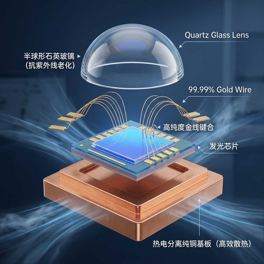 半导体灯珠封装6868的内部爆炸视图，展示其纯铜基板、大面积发光芯片、金线键合及抗紫外线石英玻璃透镜的精密结构